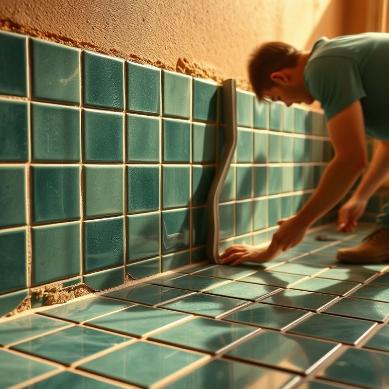 Detalle del alicatado en verde emerald de una cocina en obras en Sevilla