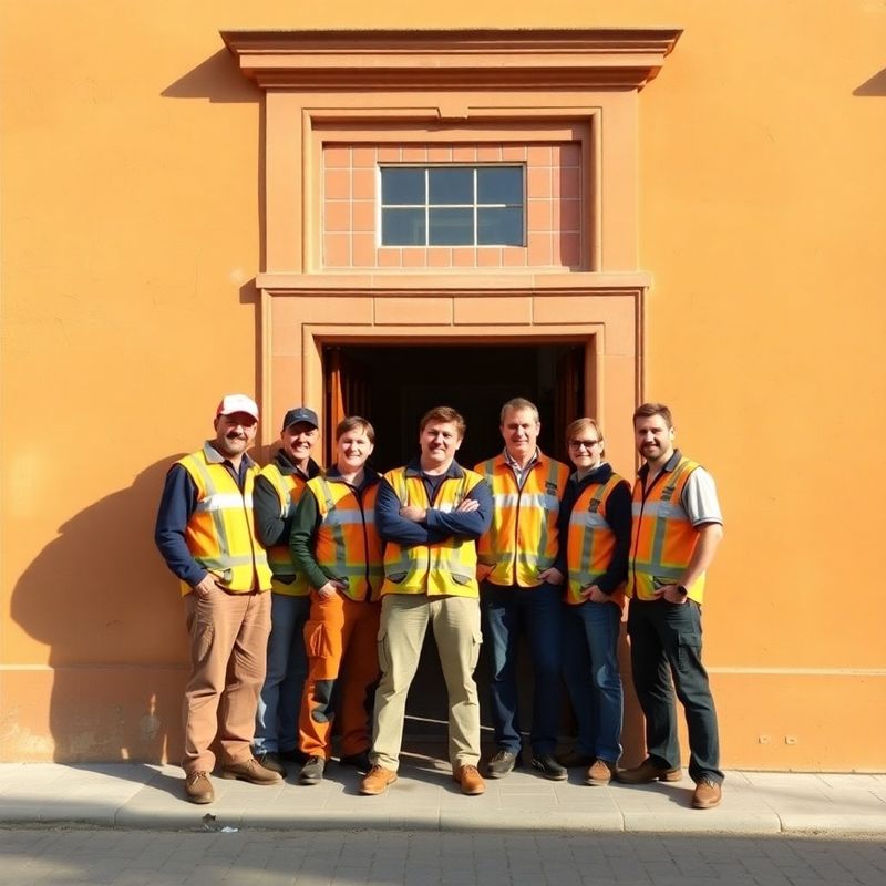 Equipo de Deltagforge frente a una fachada sevillana de tono ocre, con uniforme de trabajo