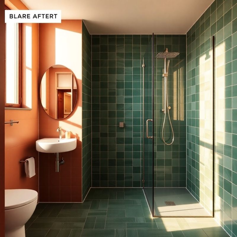 Baño reformado en Sevilla con azulejos verdes emerald de gran formato y ducha con grifería en níquel cepillado
