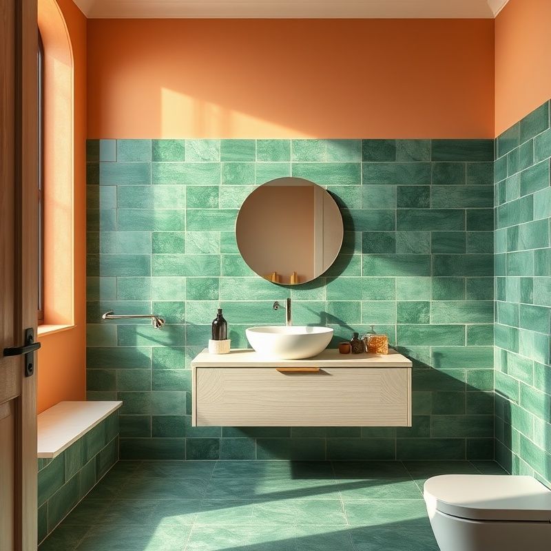Baño reformado con azulejos verdes de gran formato y mueble de madera blanca